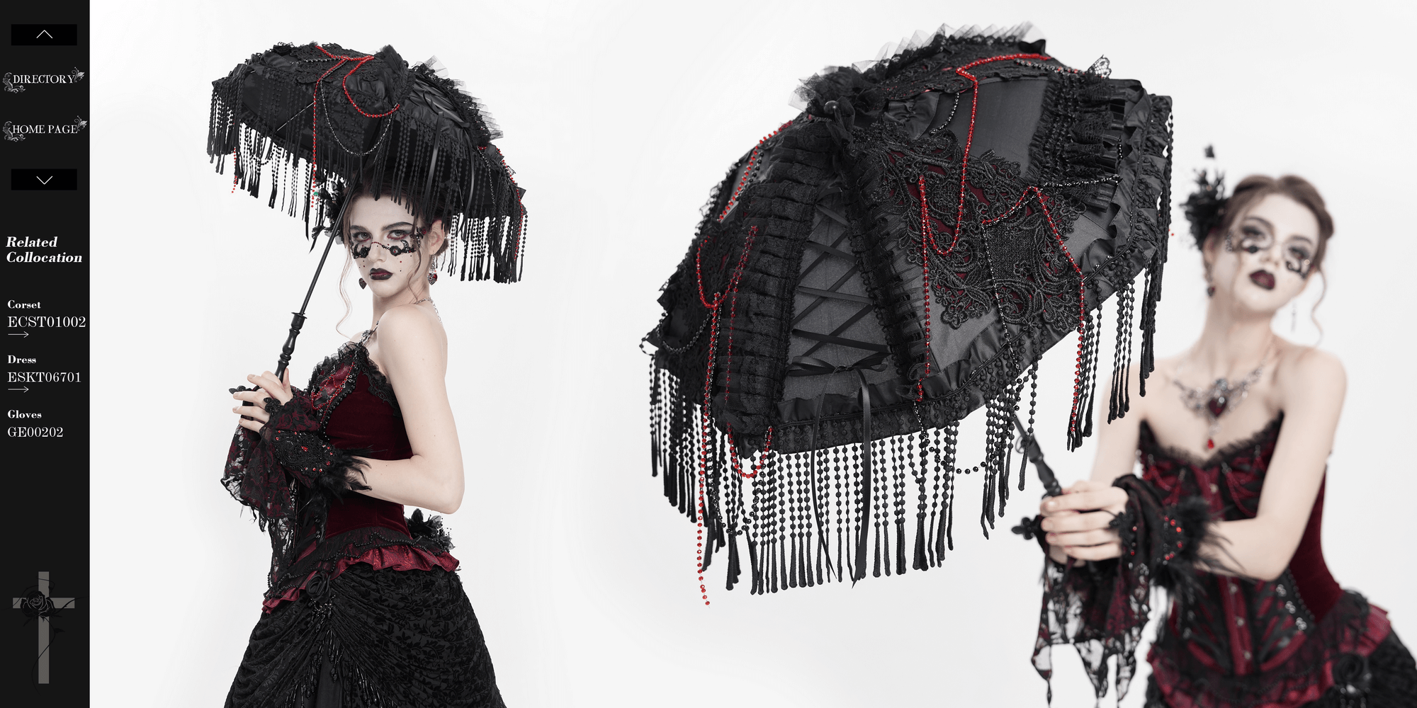 Gothic black lace umbrella with red bead fringe, perfect for vintage and dark fashion statements.