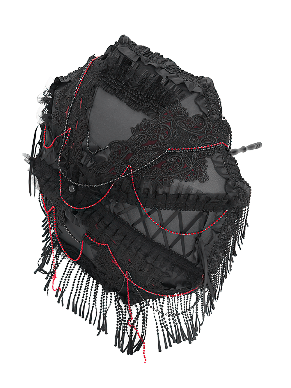 Gothic black lace umbrella with red bead fringe, perfect for vintage-inspired style and dramatic fashion statements.