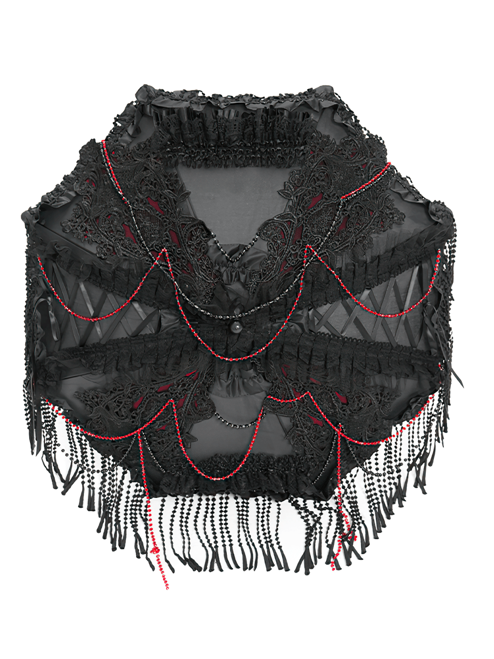 Gothic black lace shawl with red bead accents and fringe, perfect for vintage-inspired fashion.
