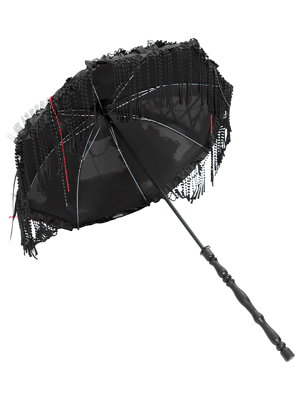 Gothic black lace-fringed umbrella with red bead accents for dark vintage fashion.