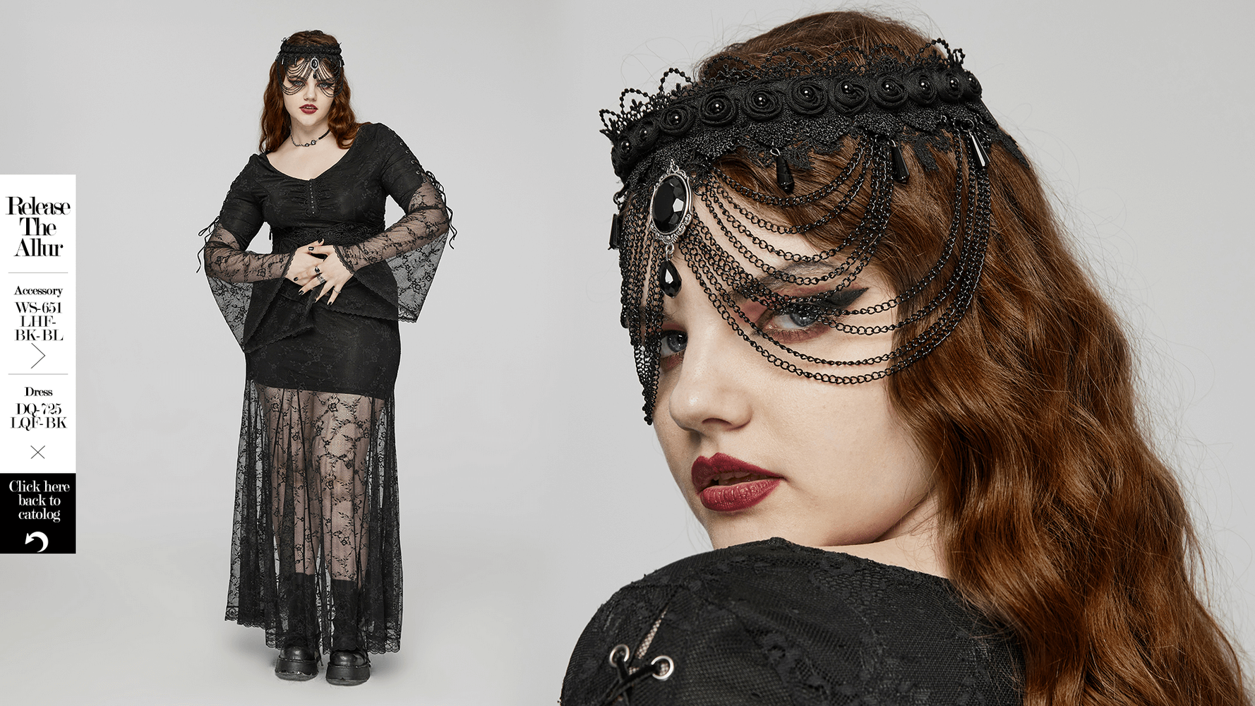 Gothic black lace and chain collar choker on woman, showcasing intricate design and gemstone pendant for bold style.
