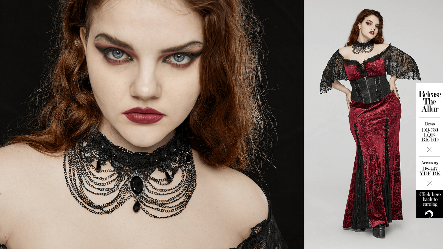 Gothic black lace and chain choker with gemstone pendant, worn by a model with bold makeup, perfect for a gothic style outfit.