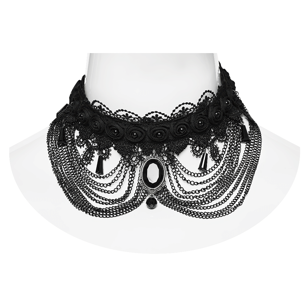 Gothic black lace and chain collar choker for women with gem pendant, perfect for bold fashion statements.