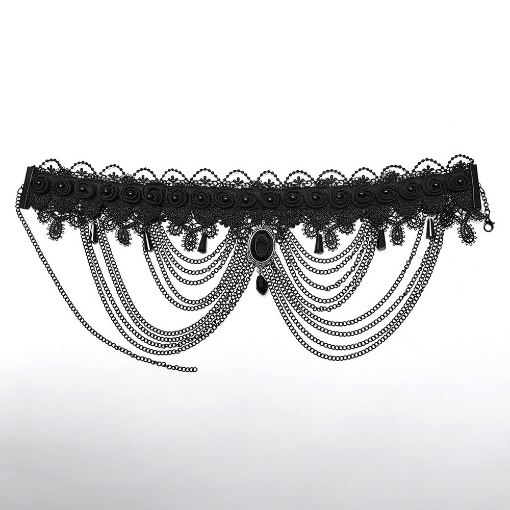 Gothic black lace and chain collar choker for women with gem pendant, featuring intricate lace and cascading chains.