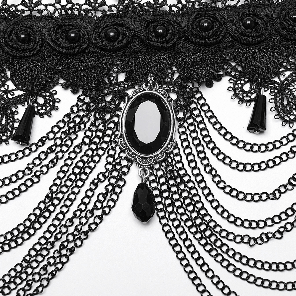 Gothic black lace and chain collar choker featuring a stunning gem pendant and intricate design.
