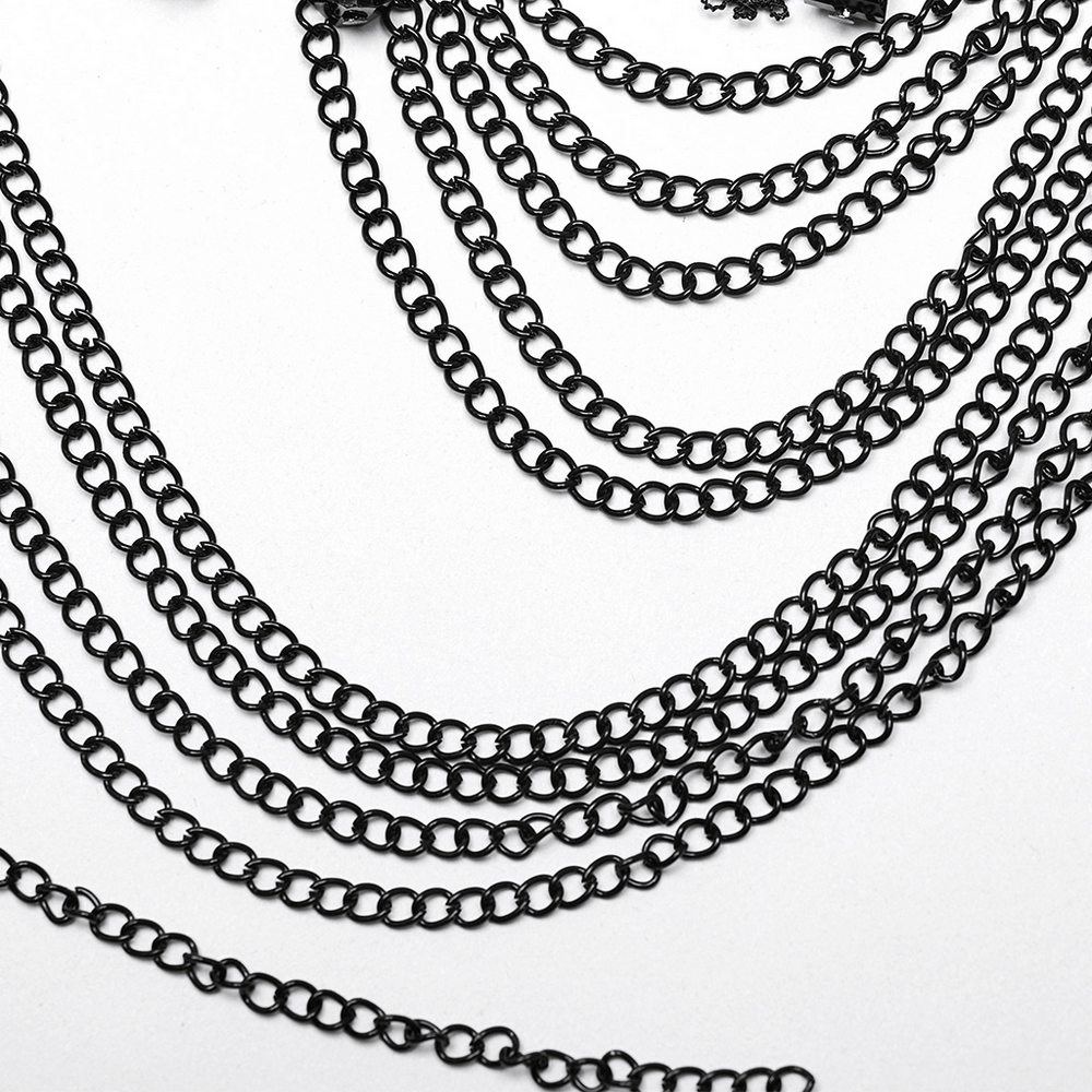 Gothic black lace and chain collar choker featuring layered intricate chains for women.