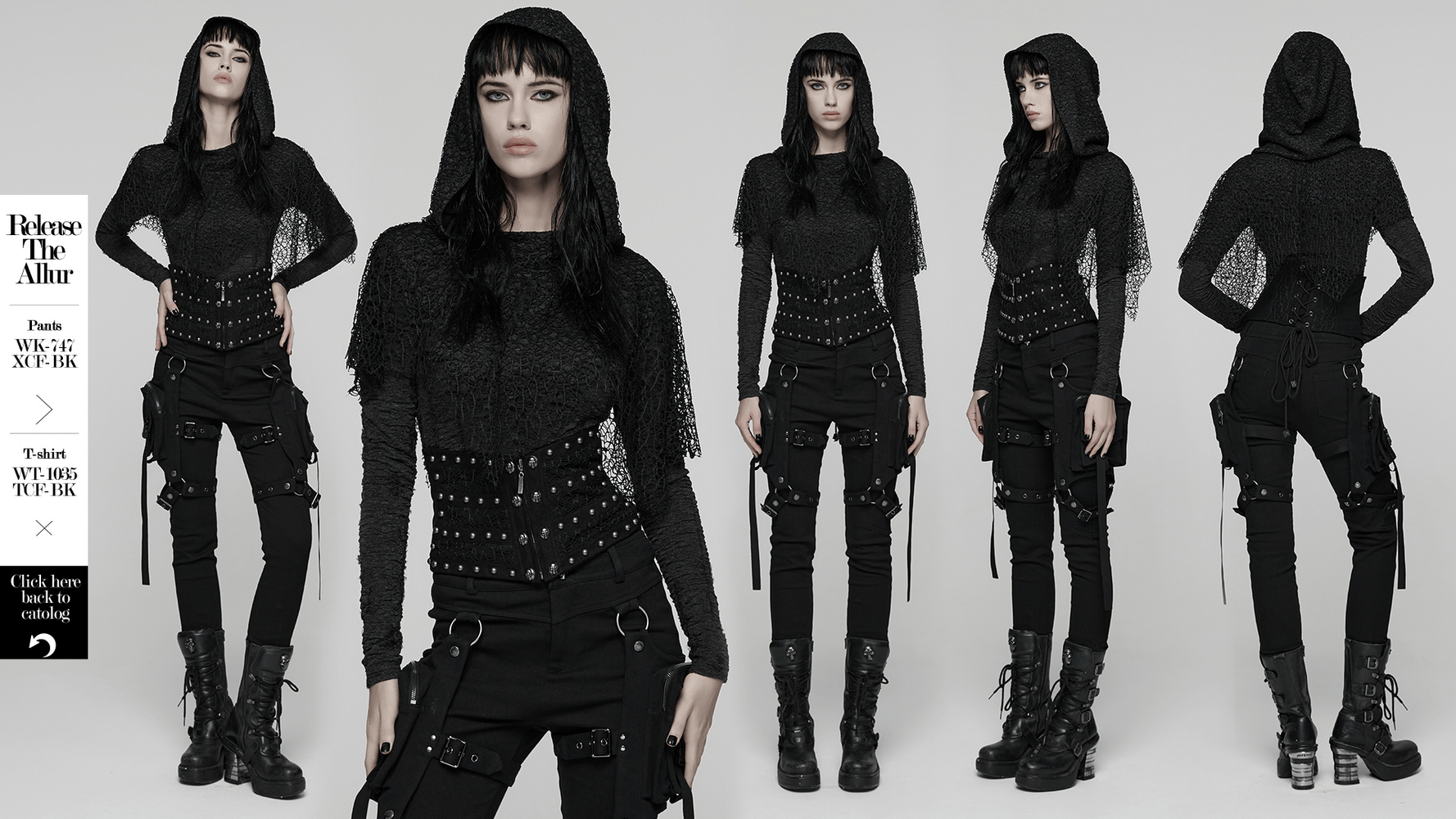 Gothic Black Lace and Rivet Waist Cincher Corset worn in a stylish black ensemble with edgy details.