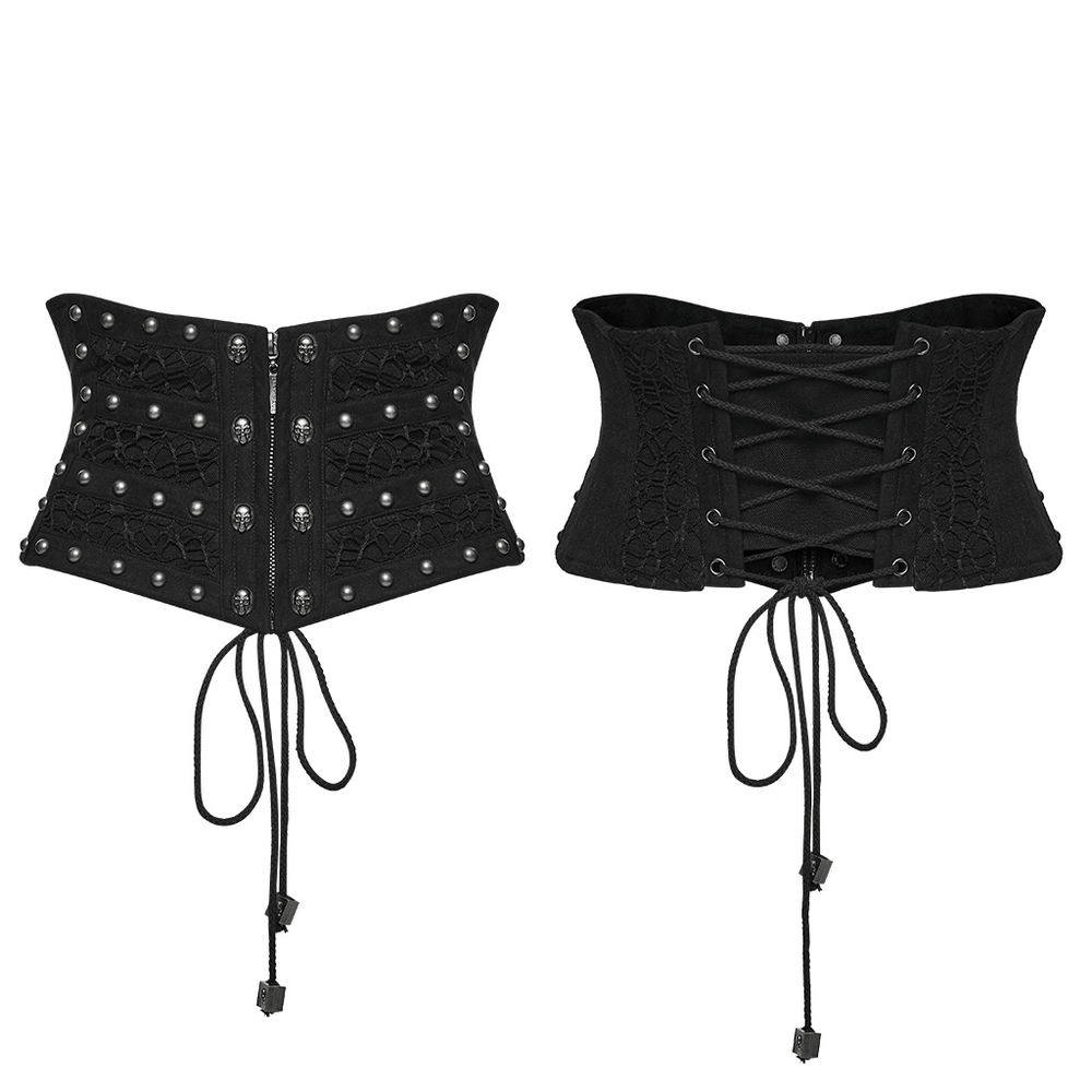 Gothic Black Lace and Rivet Waist Cincher Corset, featuring intricate lace and rivet details for a striking silhouette.