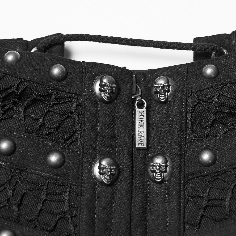 Gothic Black Lace and Rivet Waist Cincher Corset featuring intricate skull details and rivets.