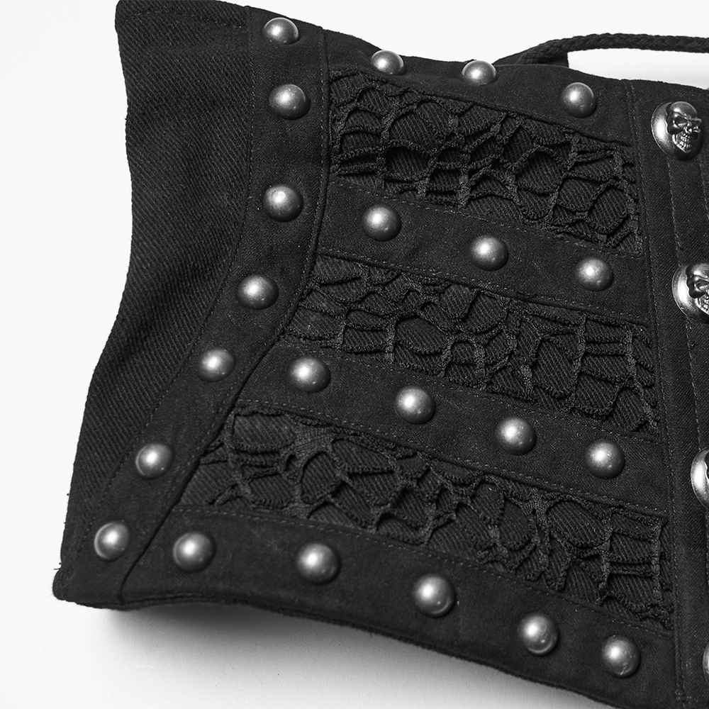 Gothic Black Lace and Rivet Waist Cincher Corset featuring intricate lace and rivets.