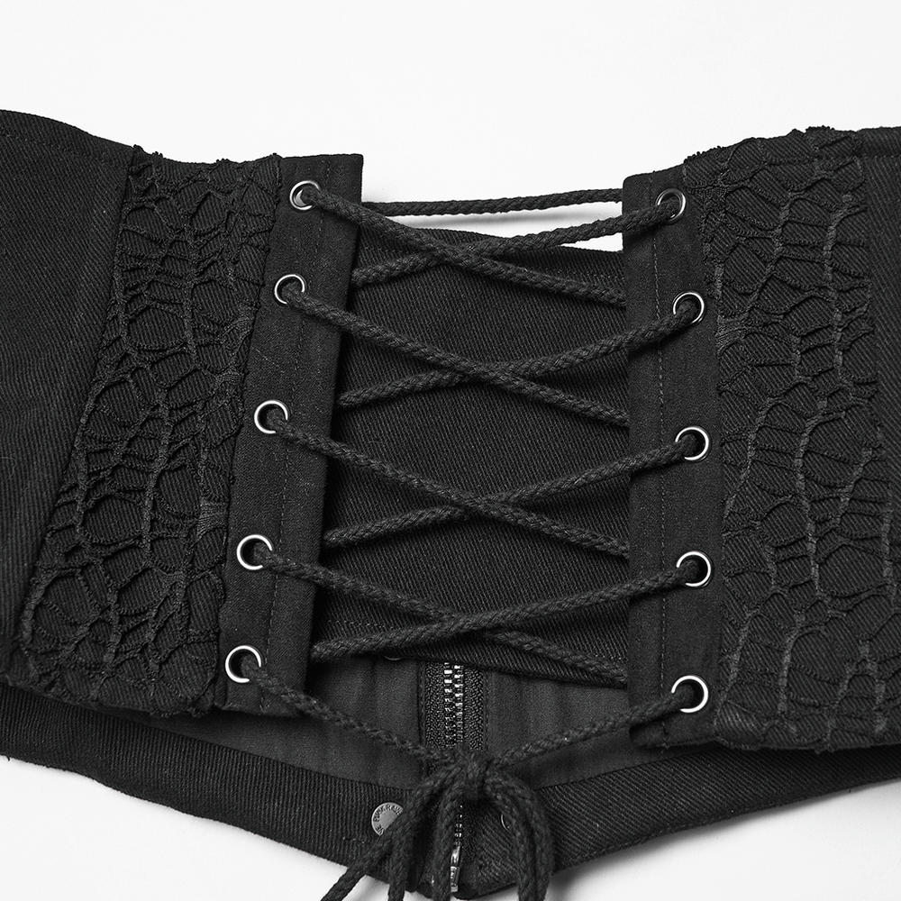 Gothic Black Lace and Rivet Waist Cincher Corset detail showing intricate lace and rivet design.