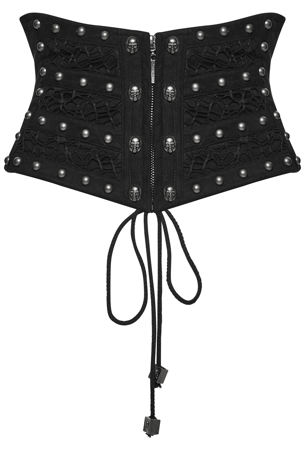 Gothic Black Lace and Rivet Waist Cincher Corset with decorative rivets and lace detailing.
