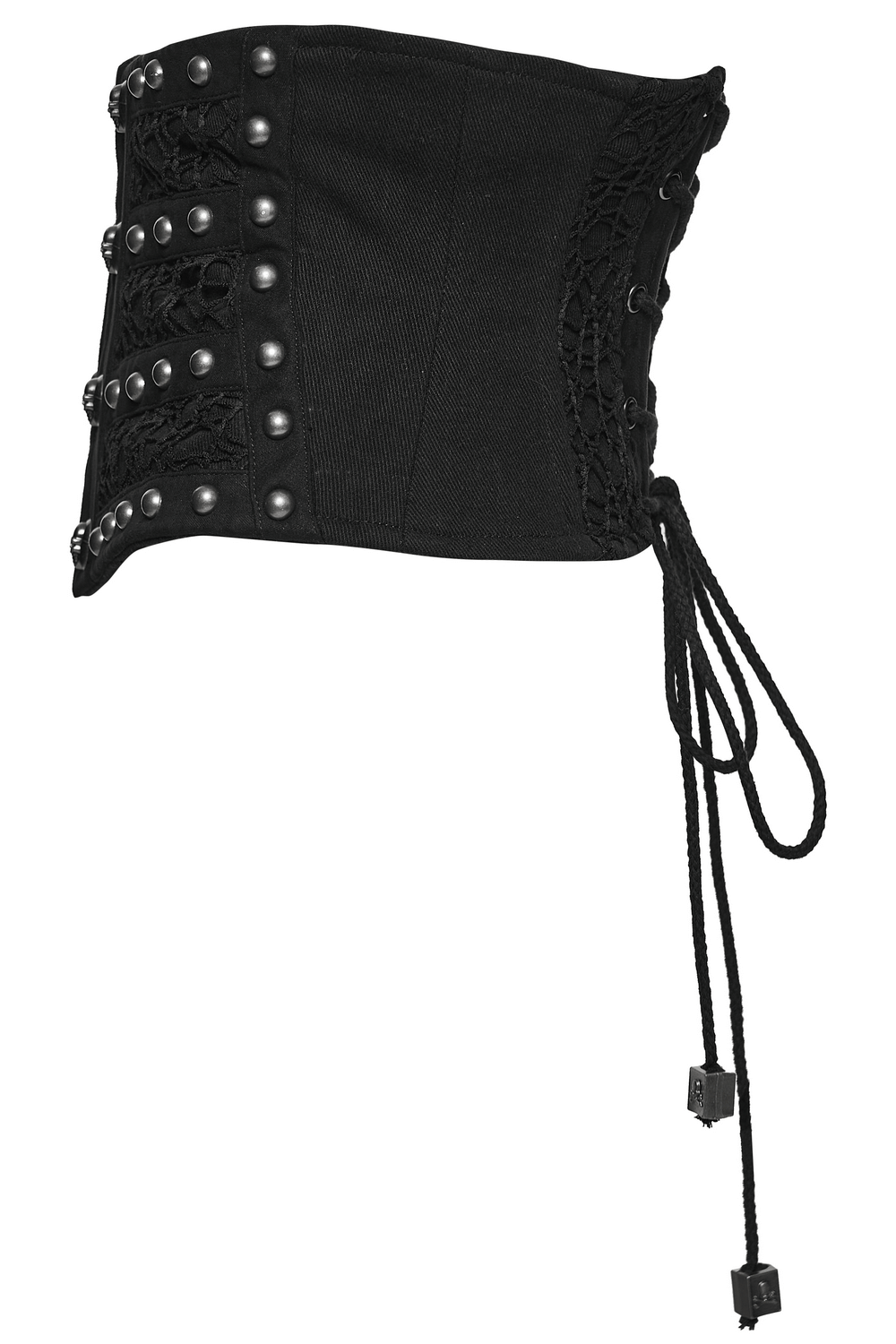 Gothic Black Lace and Rivet Waist Cincher Corset with lace and rivets, perfect for a dramatic silhouette.