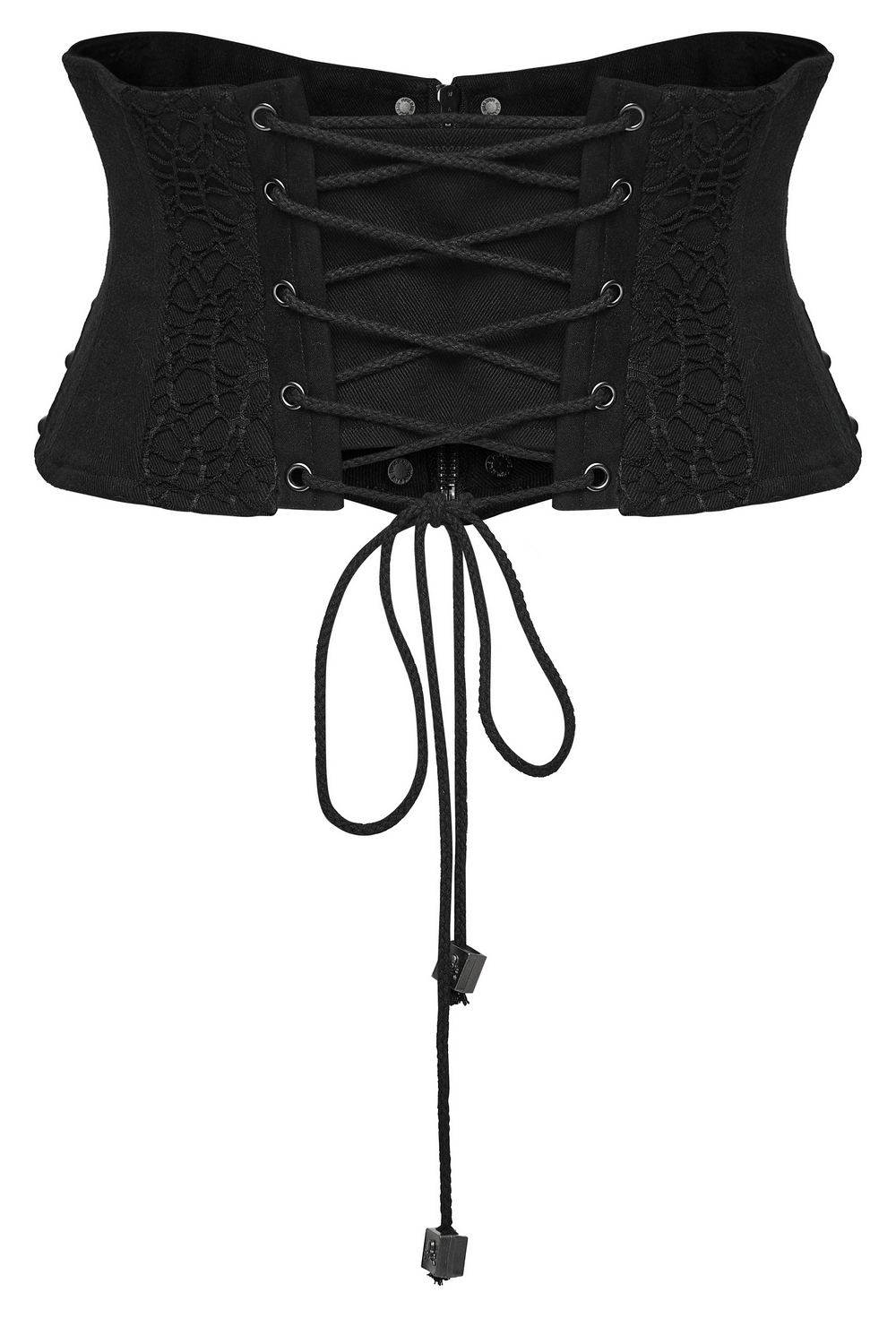 Gothic Black Lace and Rivet Waist Cincher Corset showcasing intricate lace and rivet details, perfect for a dramatic look.