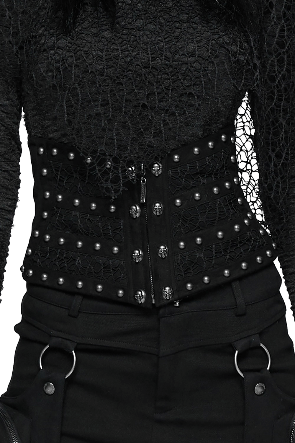 Gothic Black Lace and Rivet Waist Cincher Corset featuring striking lace and rivet detailing.
