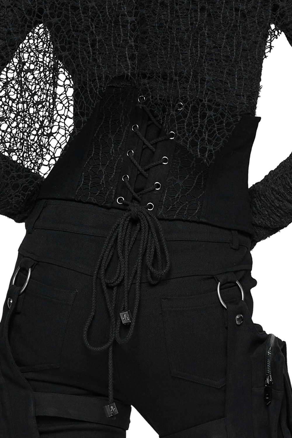 Gothic Black Lace and Rivet Waist Cincher Corset showcasing intricate lace and rivet details.