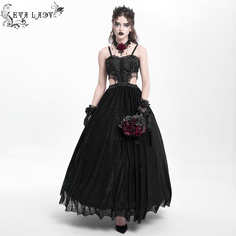 Elegant Gothic black lace corset dress with rose details and flowing skirt for dark glamour.