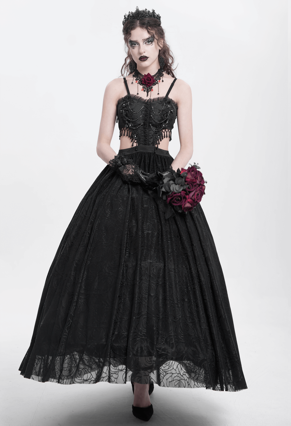 Gothic black lace corset dress with flowing skirt and rose details, perfect for dark elegance and formal occasions.