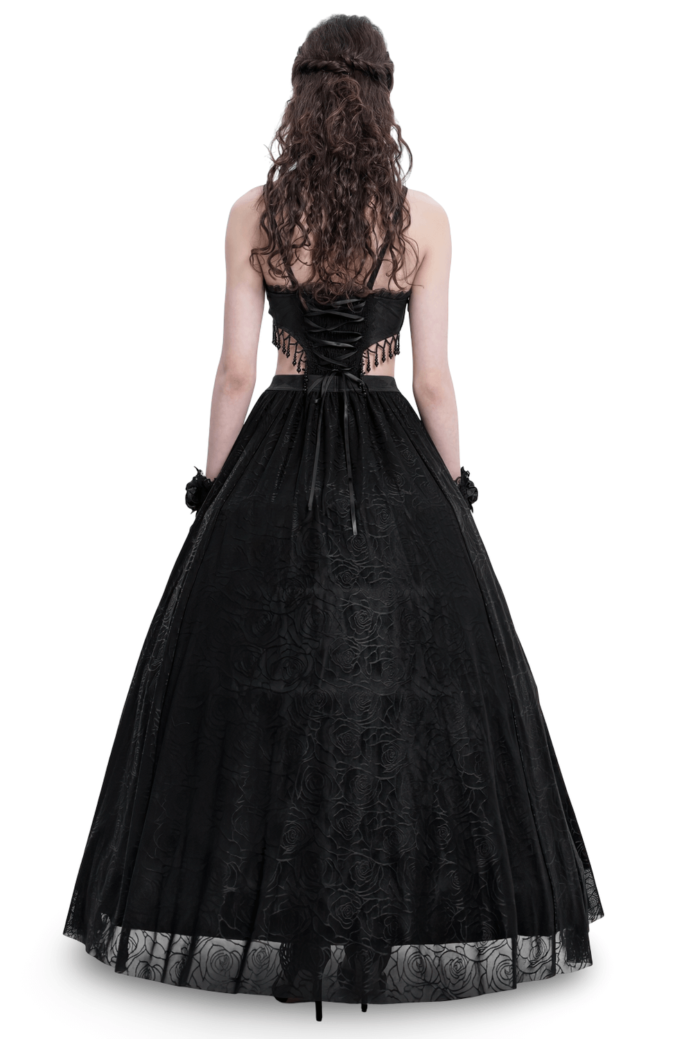 Elegant back view of a Gothic black lace corset dress with flowing skirt and satin rose details.