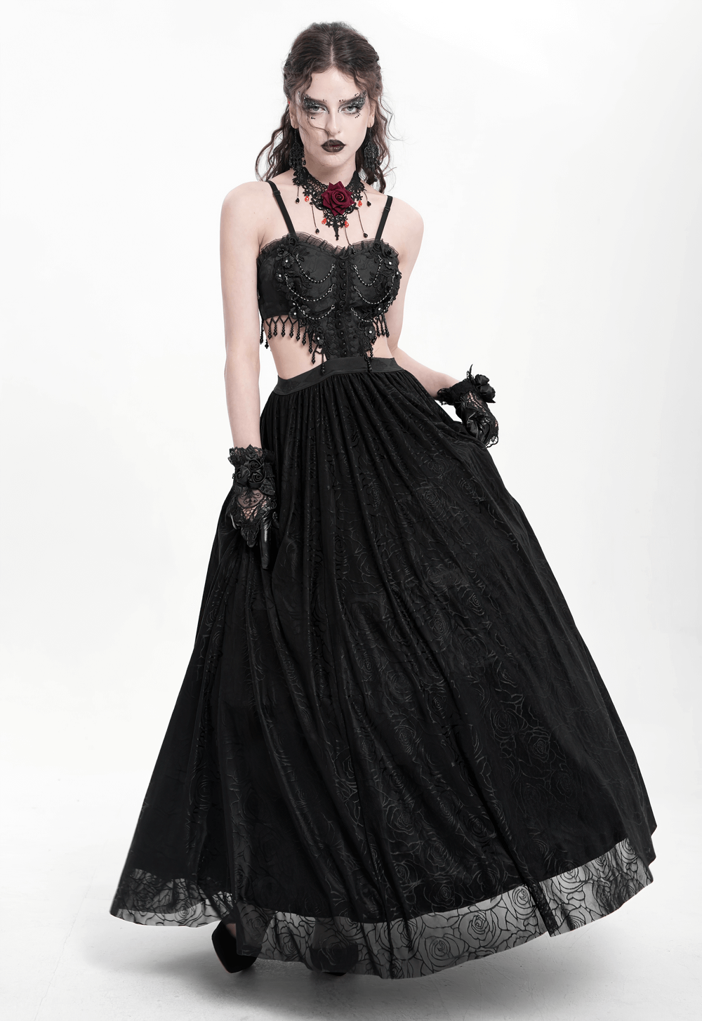 Gothic black lace corset dress with rose detail and flowing skirt, perfect for dark elegance and formal events.