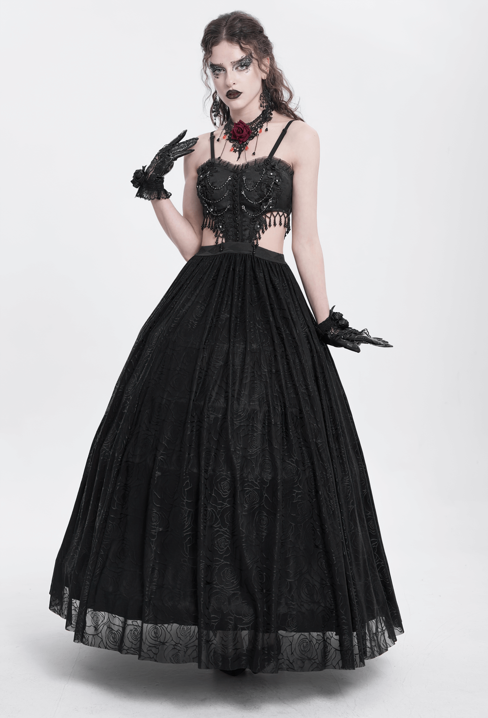 Gothic black lace corset dress with flowing skirt, featuring elegant rose details and a dramatic silhouette.