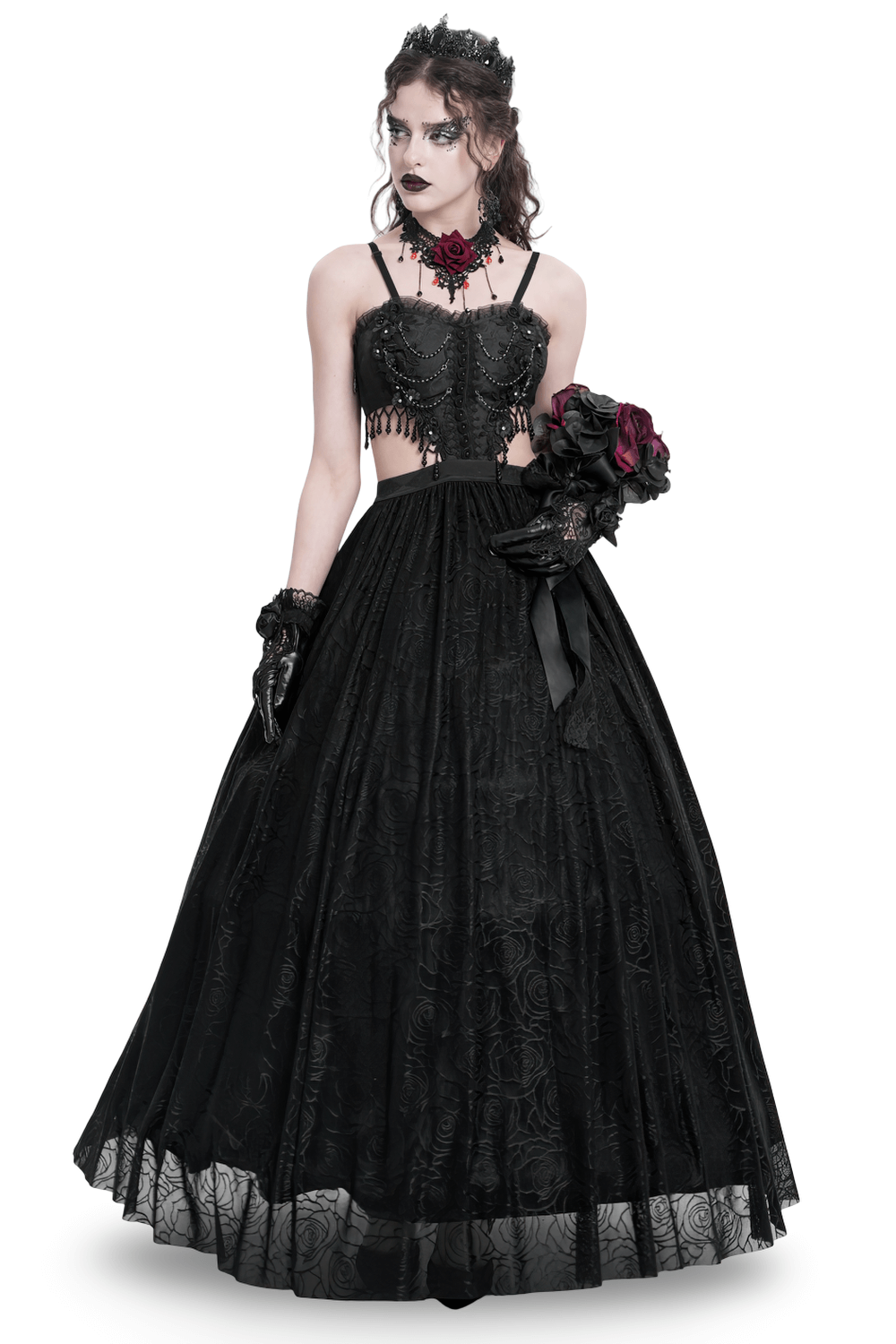 Gothic black lace corset dress with flowing skirt and rose details, perfect for elegant dark glamour.