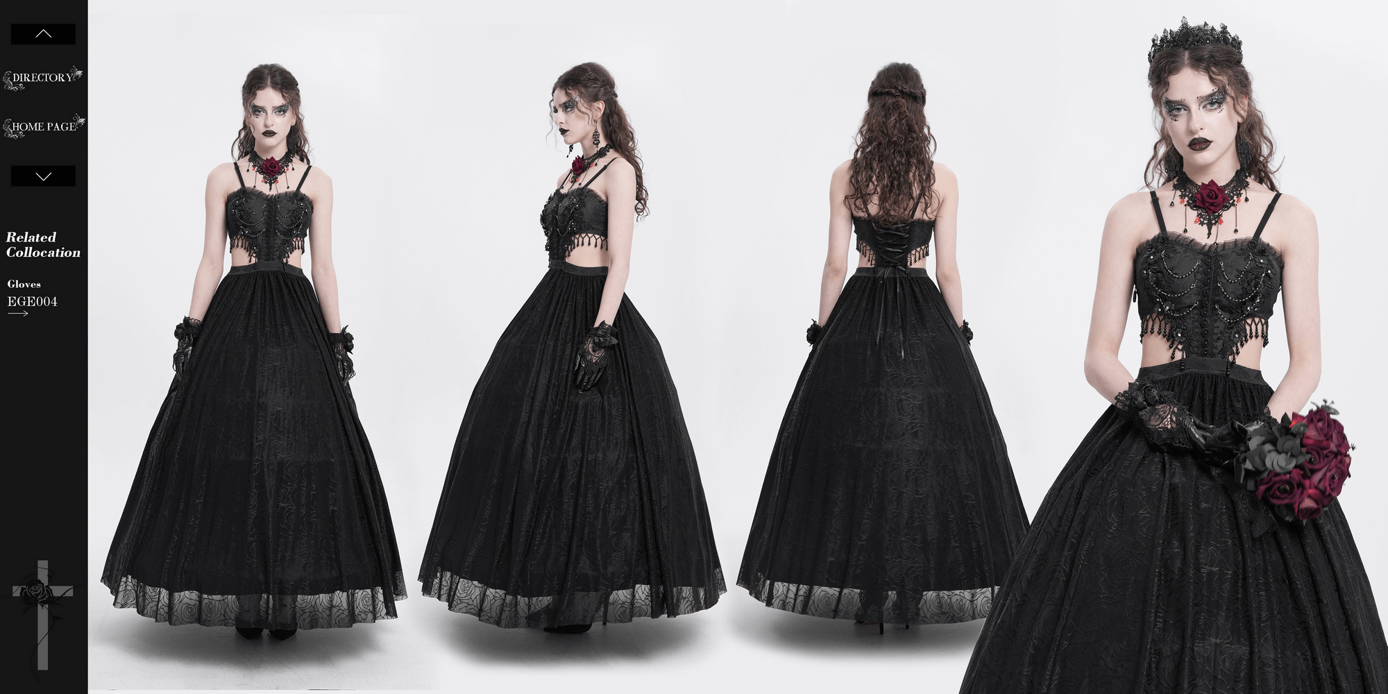 Elegant Gothic black lace corset dress with flowing skirt and rose details, perfect for dark glamour and formal occasions.