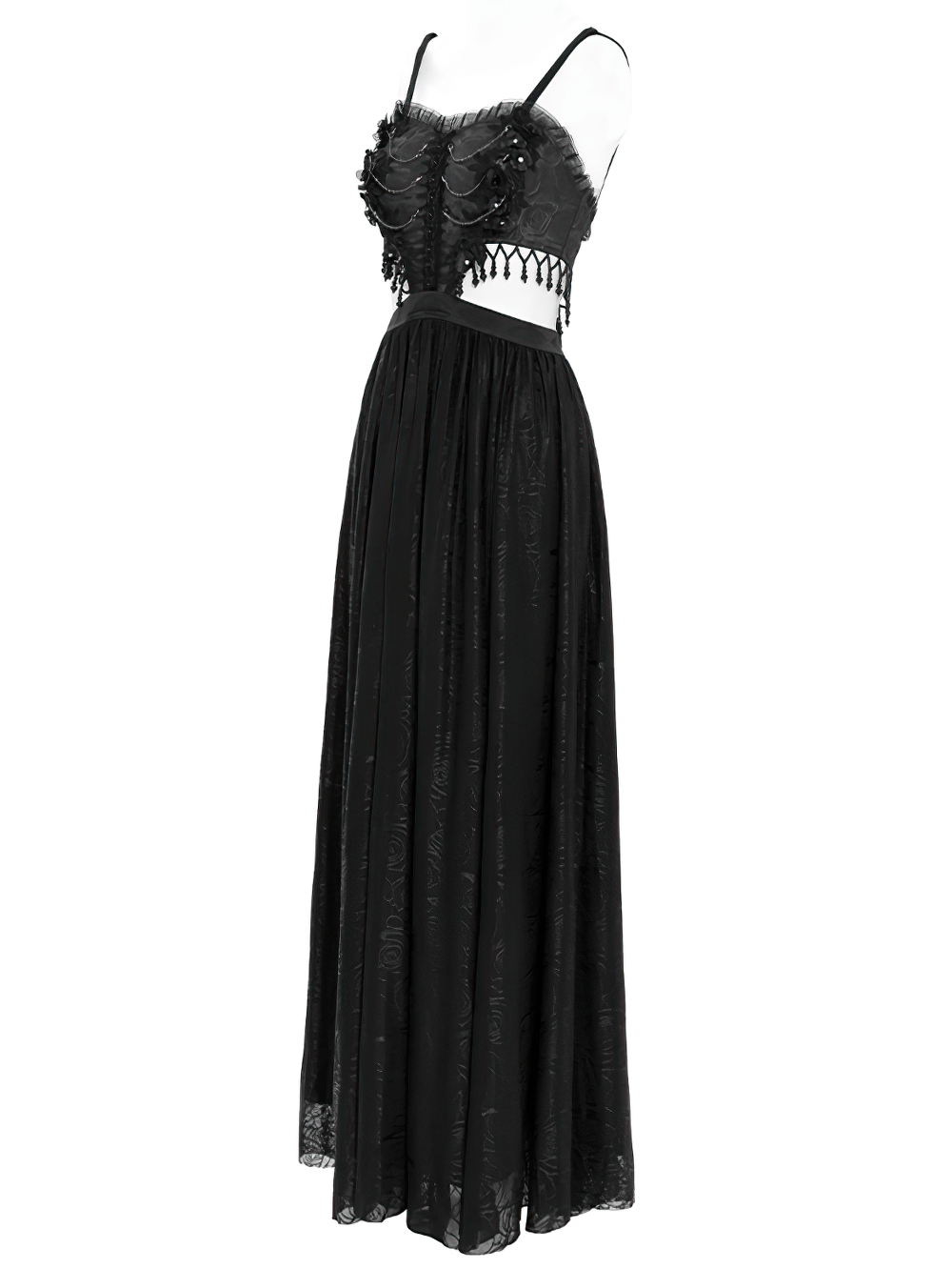 Gothic black lace corset dress with rose detail and flowing skirt, perfect for elegant gothic occasions.