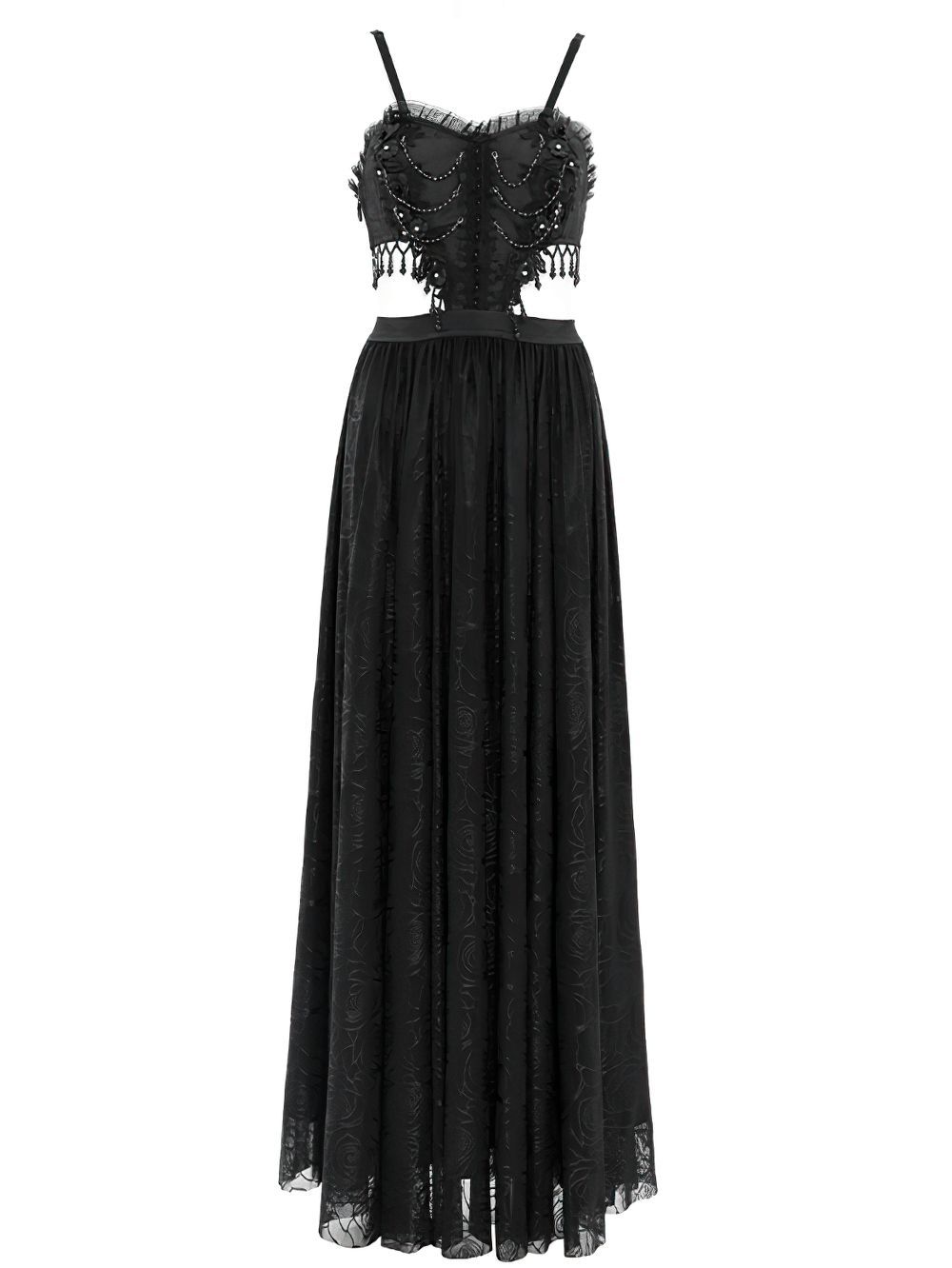 Gothic black lace corset dress with flowing skirt and rose details, perfect for dark elegance and formal occasions.