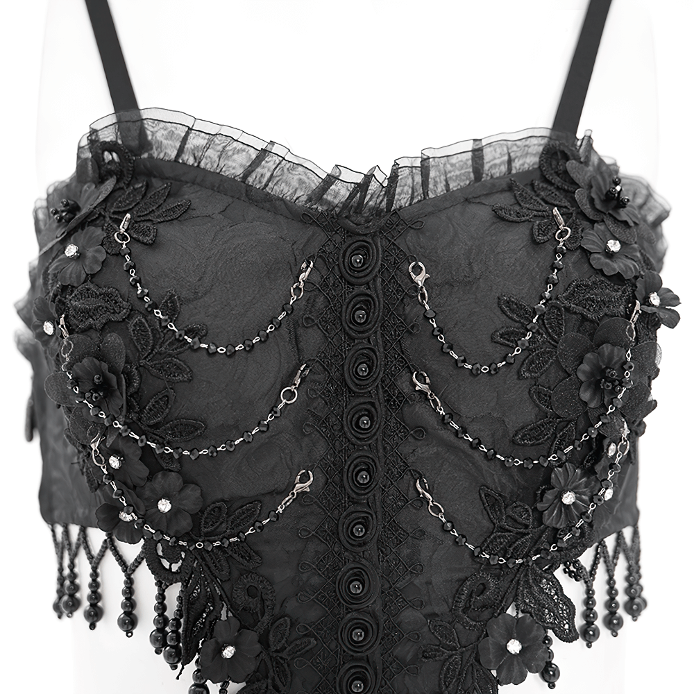 Elegant Gothic lace corset dress featuring intricate floral details and hanging chains for dark glamour.
