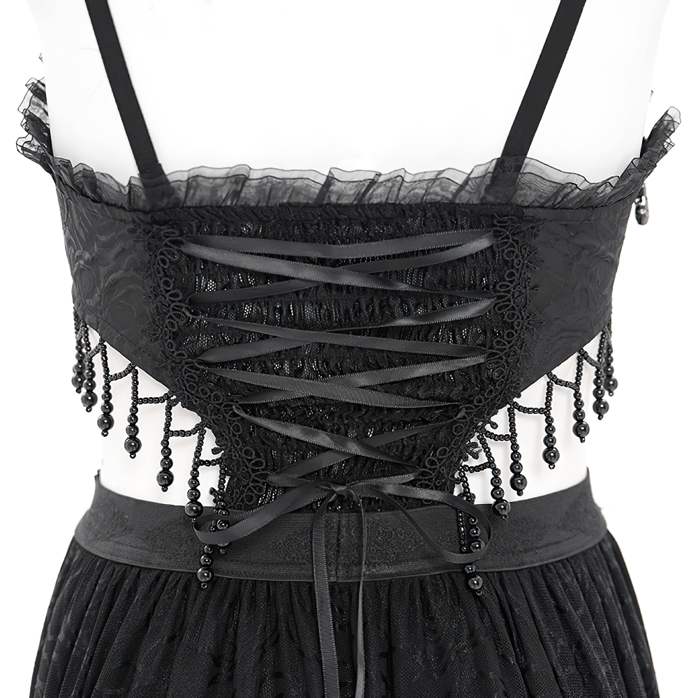 Back view of Gothic black lace corset dress with intricate lacing and elegant bead detailing.