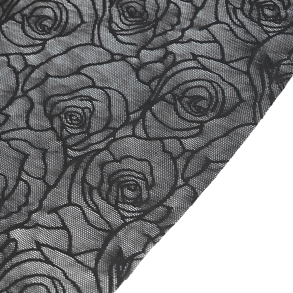 Intricate black lace fabric featuring delicate rose patterns for gothic dress designs.