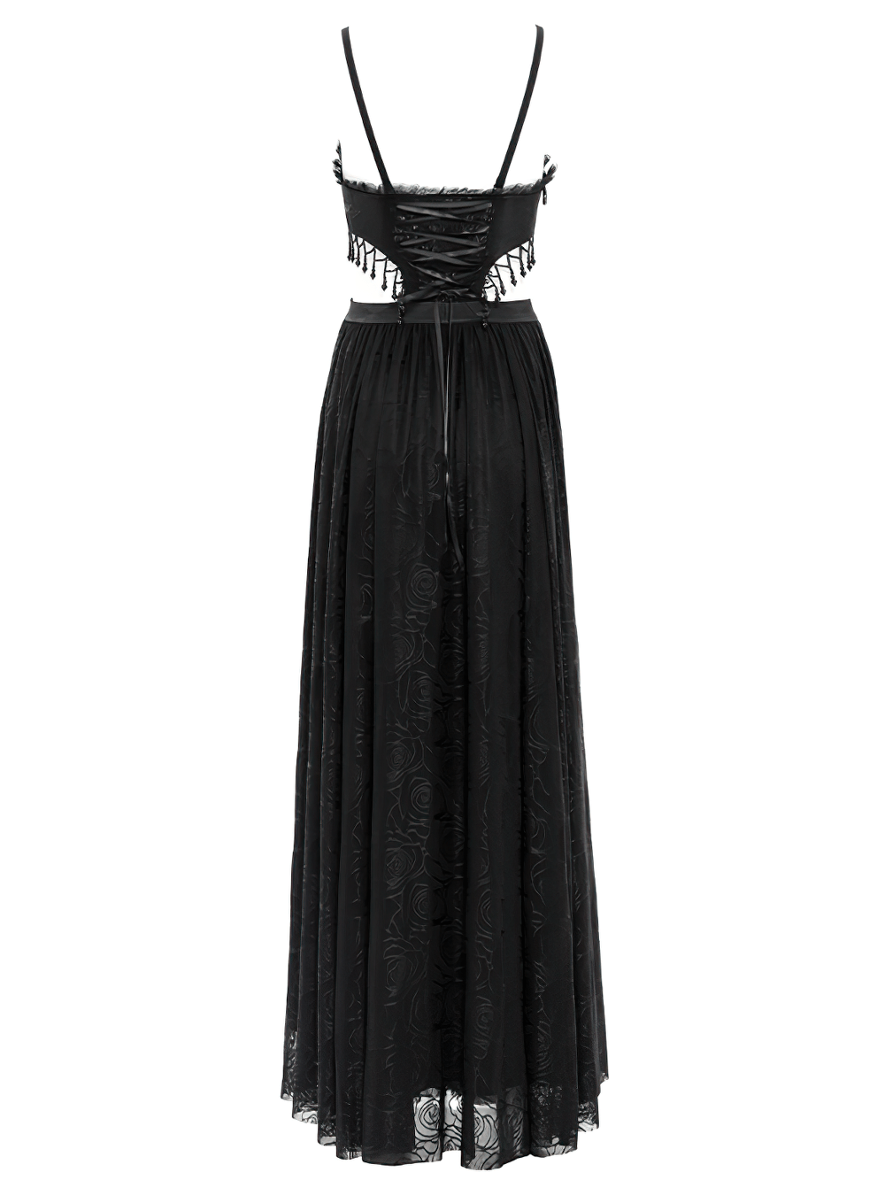 Back view of a Gothic black lace corset dress with flowing skirt and satin rose detail, perfect for dark elegance.