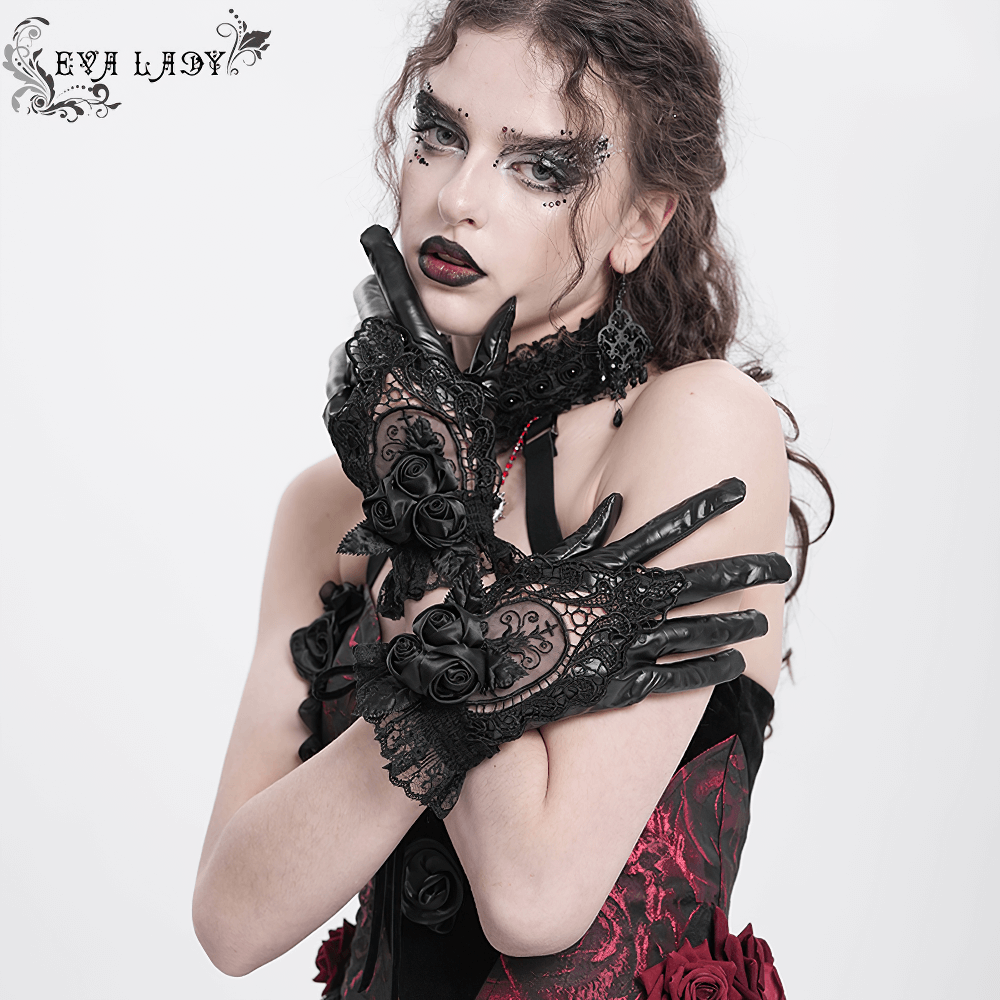 Elegant Gothic black lace and satin gloves adorned with roses and ruffles, perfect for dark fashion statements.