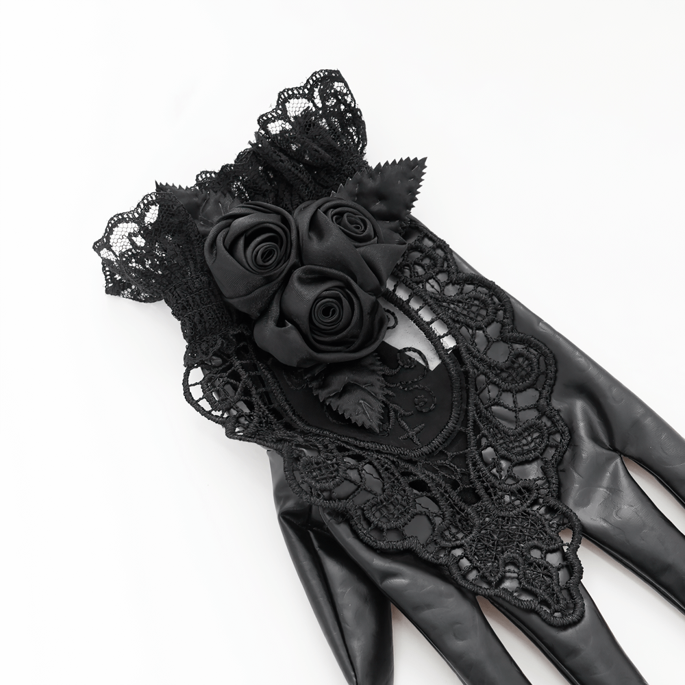 Gothic black lace and satin rose gloves with ruffles, perfect for vintage gothic fashion and dark elegance.