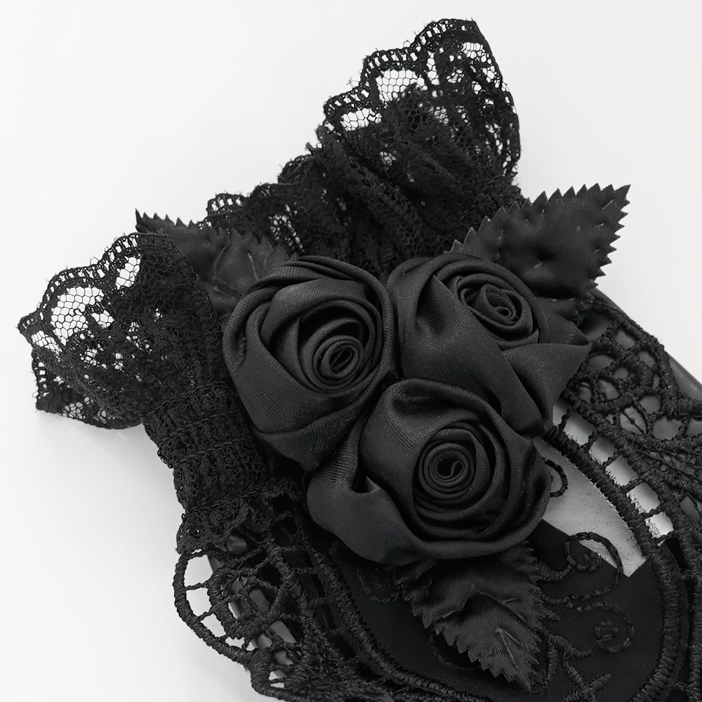 Elegant Gothic gloves with black lace, satin roses, and ruffles for a vintage dark fashion statement.