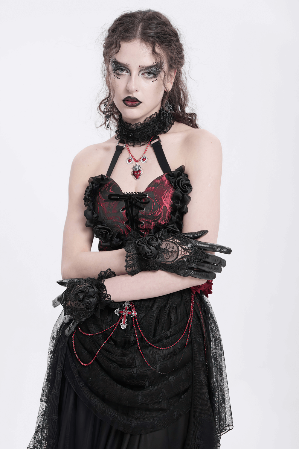 Gothic black lace and satin rose gloves with ruffles, perfect for dark elegance and formal gothic fashion.