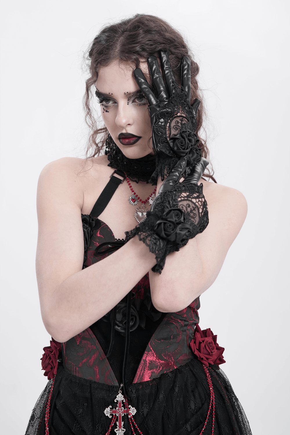 Gothic black lace and satin rose gloves with ruffles, perfect for dark elegance and vintage gothic fashion.