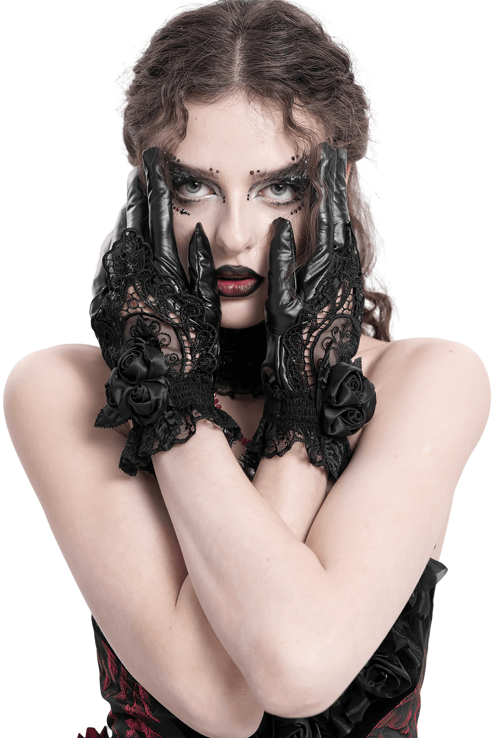 Gothic black lace and satin rose gloves with ruffles, perfect for dark elegance in fashion.