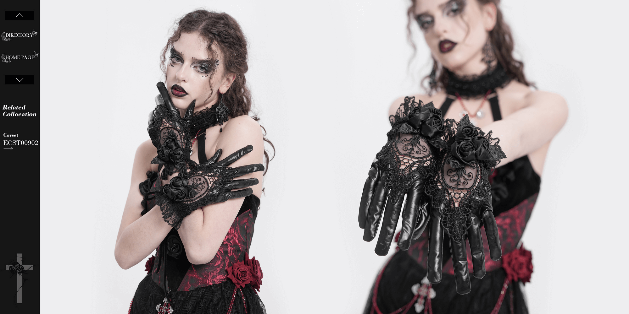 Gothic black lace and satin rose gloves with ruffles, styled for dark elegance and vintage gothic fashion.