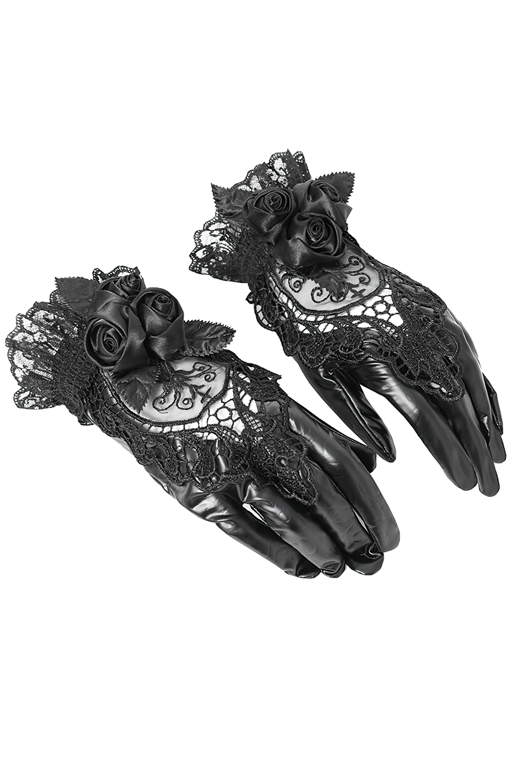 Gothic black lace and satin rose gloves with ruffles, perfect for alternative fashion and dark elegance.