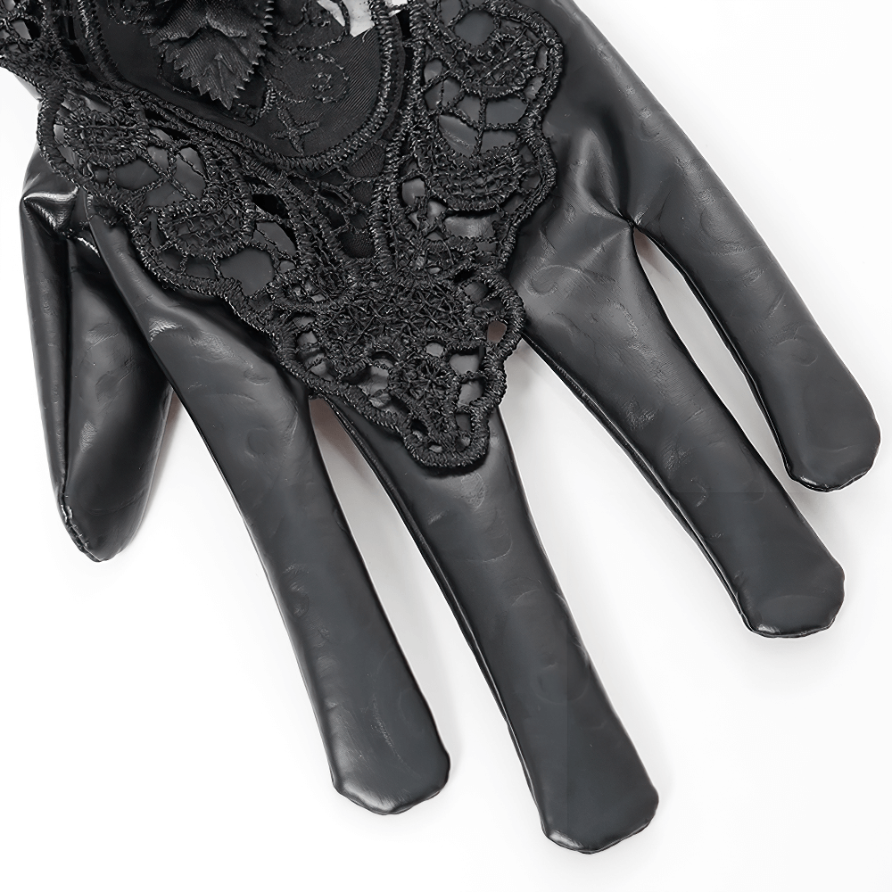 Elegant black lace and synthetic leather gloves, featuring intricate designs and a gothic aesthetic.