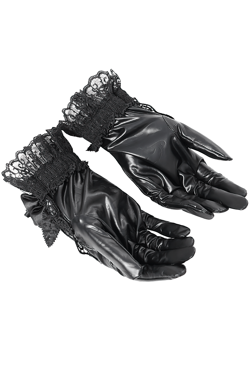Gothic black lace and satin rose gloves with ruffles, perfect for vintage gothic fashion.