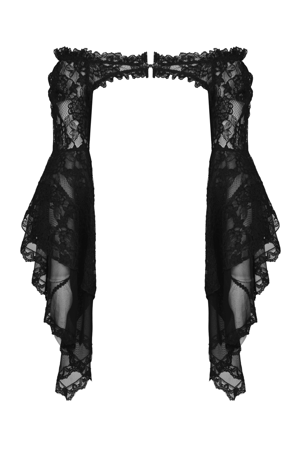 Gothic black lace bell sleeve off-the-shoulder bolero top with intricate detailing and dramatic sleeves.
