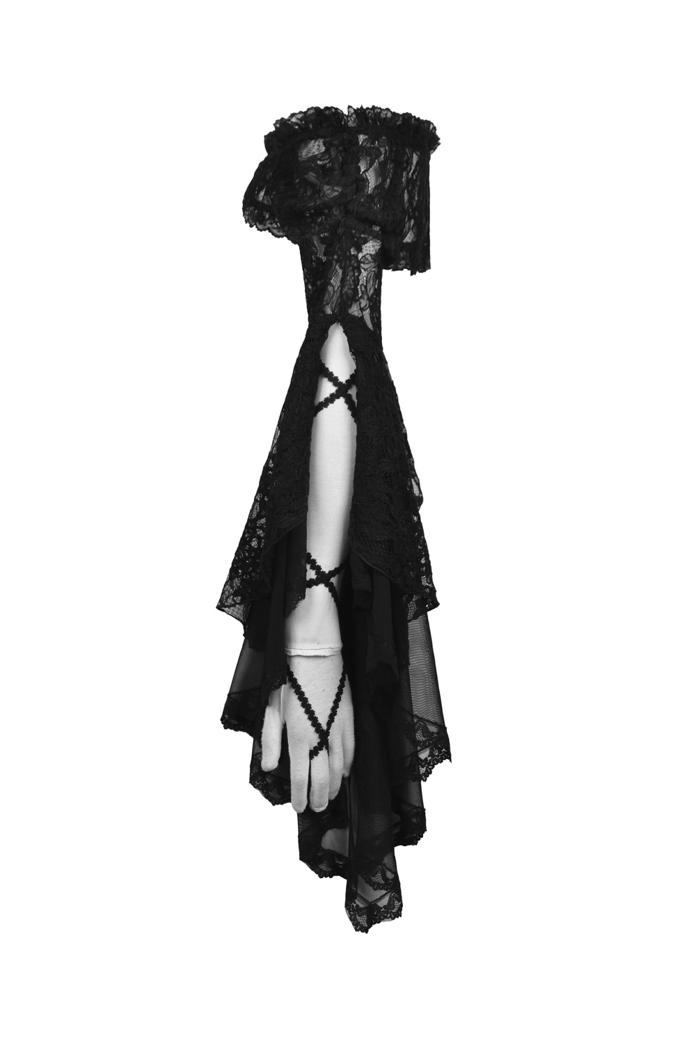 Gothic black lace off-the-shoulder bolero with dramatic bell sleeves and intricate detailing.