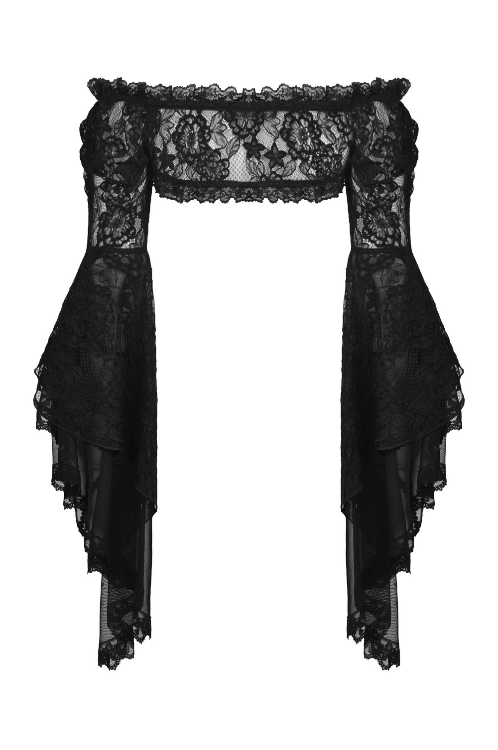 Gothic black lace off-the-shoulder bolero with dramatic bell sleeves and intricate detailing.