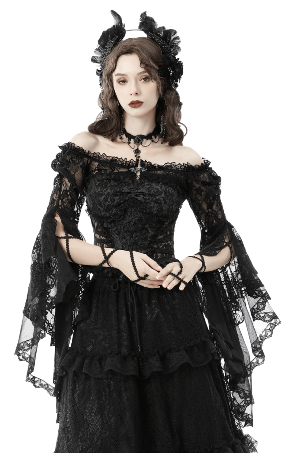 Gothic black lace off-the-shoulder bolero with dramatic bell sleeves, perfect for a touch of gothic elegance.