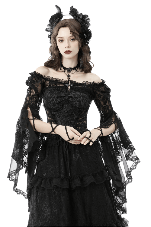 Boléro gothique à manches cloche en dentelle noire et épaules dénudées
