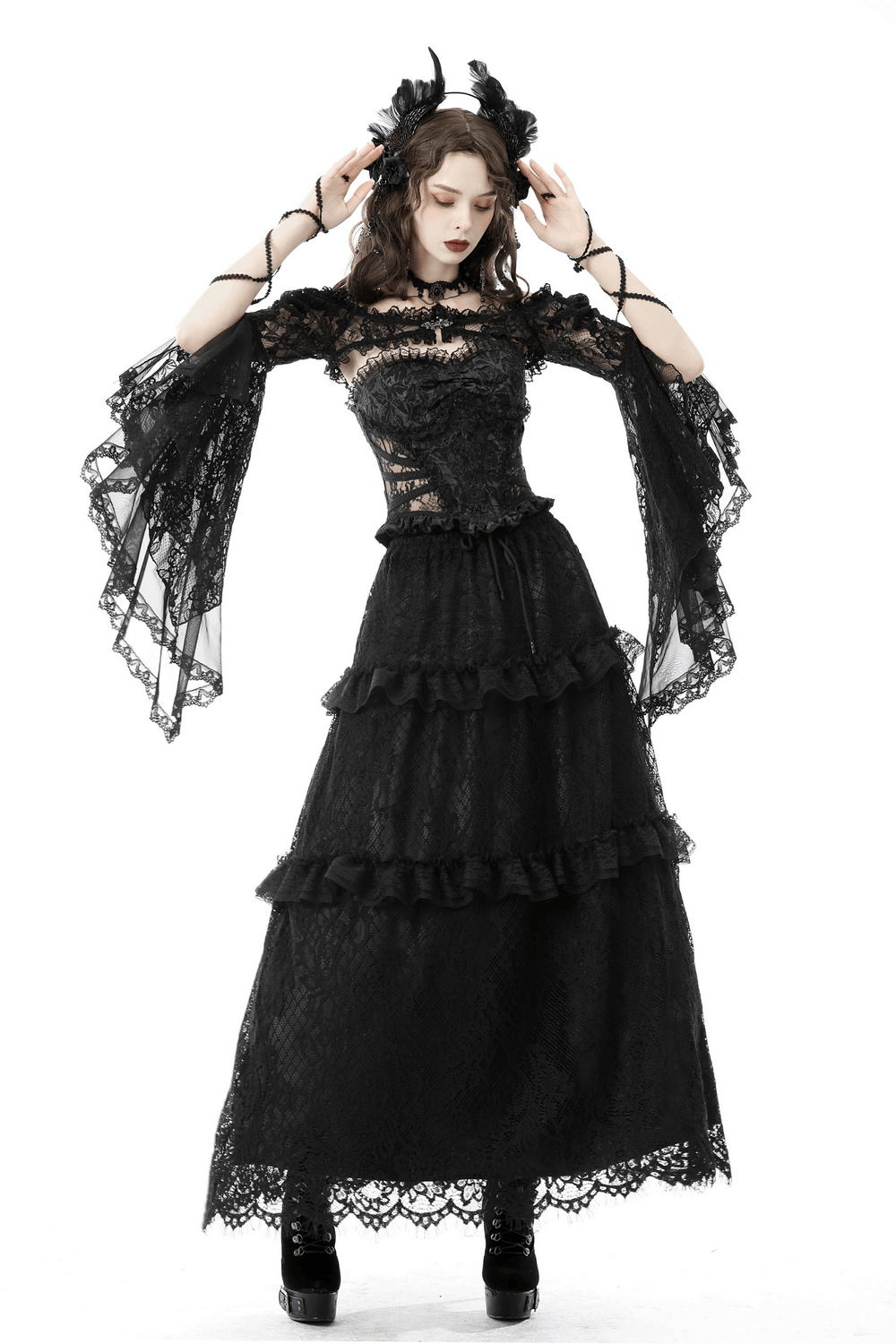 Gothic black lace bell sleeve off-the-shoulder bolero paired with a ruffled long skirt, perfect for a dramatic look.