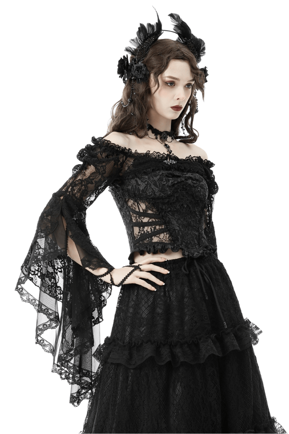Gothic black lace bell sleeve off-the-shoulder bolero with elegant detailing, styled with a matching skirt.